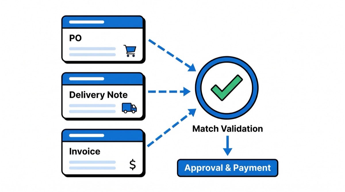 Three-way matching flow diagram: PO, delivery note and invoice converge into validation and approved payment